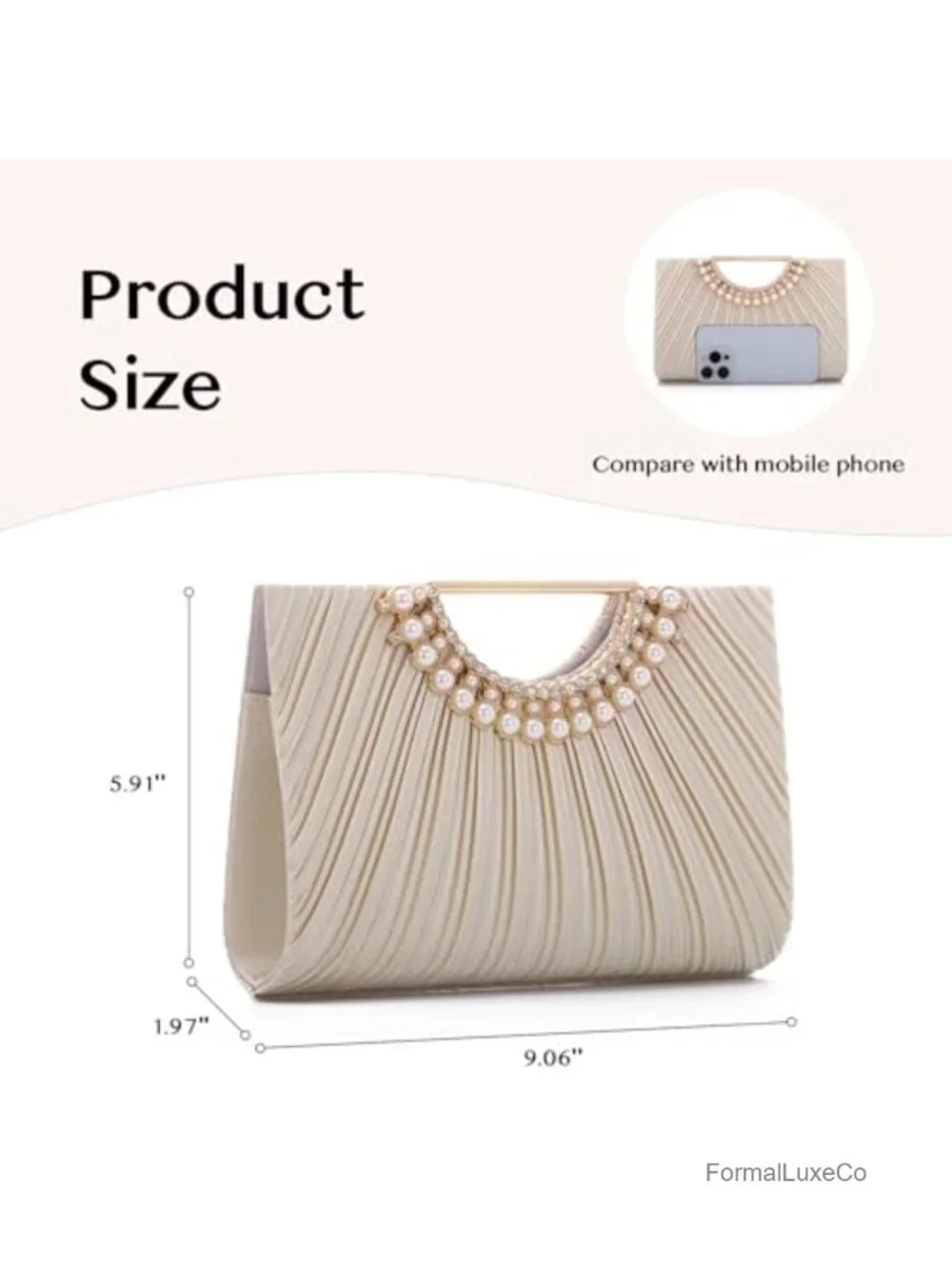Pleated Satin Clutch Evening Bag Fits Large Smartphones Chain Strap